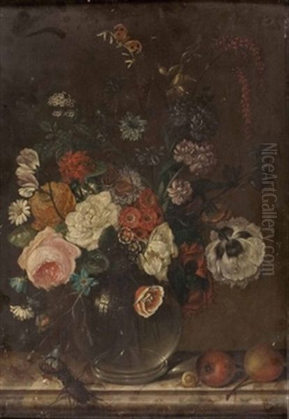 Blumen In Glasvase Mit Hirschkafer Und Schnecke Oil Painting by Johann Matthias Wurzer