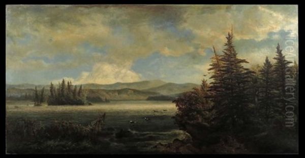 Lake Landscape W/ Geese Oil Painting by Alexander Ferdinand Wust