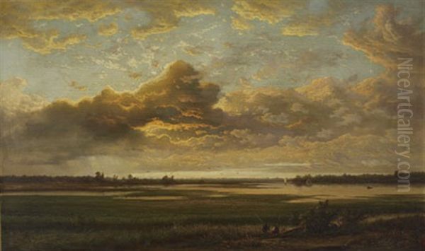 Sunset River Landscape With Impending Clouds Oil Painting by Alexander Ferdinand Wust