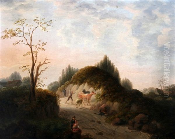 Herders Met Vee In Heuvelachtig Landschap Oil Painting by Christopher (Christoffel) Wust