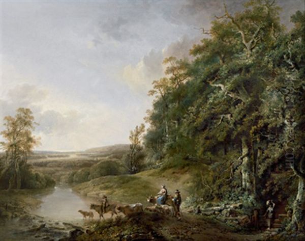 Eine Flusslandschaft Mit Bauern Und Vieh Oil Painting by Johann-Heinrich Wuest