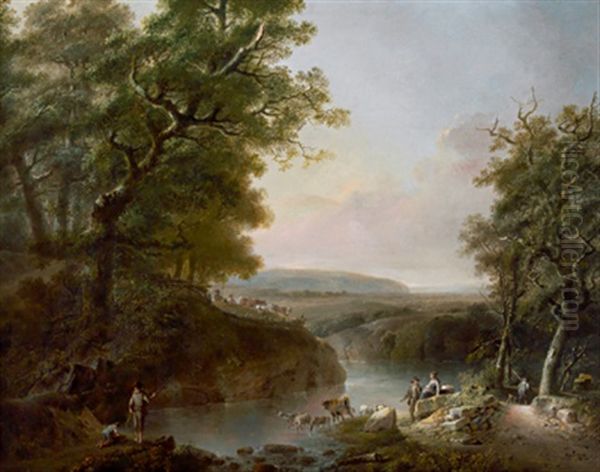 Flusslandschaft Mit Figurenstaffage Und Rastenden Schafen Oil Painting by Johann-Heinrich Wuest