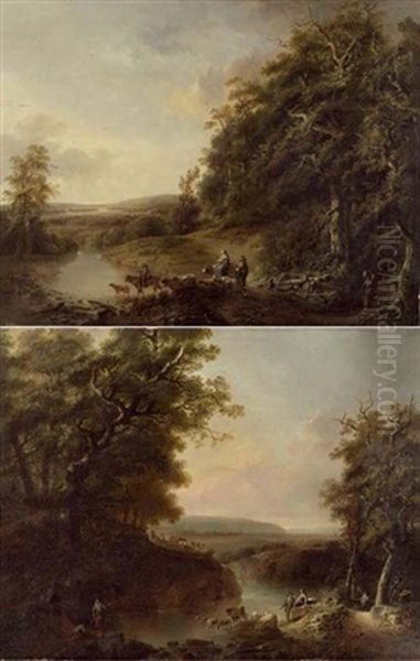 Flusslandschaft Mit Bauern Und Vieh (+ Another, Similar; Pair) Oil Painting by Johann-Heinrich Wuest