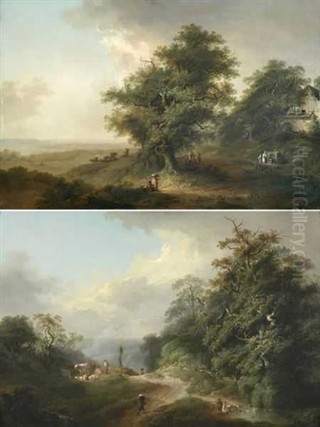 Belebte, Baumbestandene Landschaft Mit Bauernhaus Und Brunnen Und Blick In Ein Weites Tal (+ Bauersleute Und Vieh In Hugeliger, Baumbestandener Landschaft Mit Kleinem Weiher; Pai Oil Painting by Johann-Heinrich Wuest