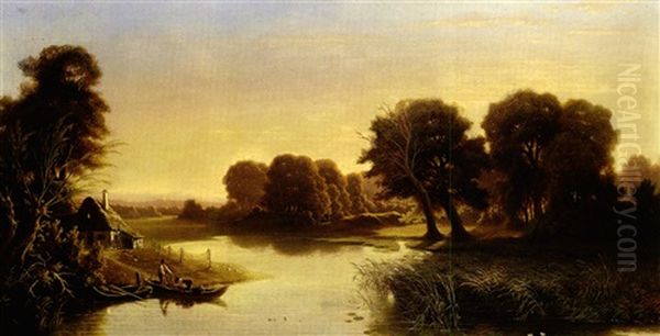 Abendliche Teichlandschaft Mit Fischern Und Prachtvollem Wald Oil Painting by Otto Wuestlich