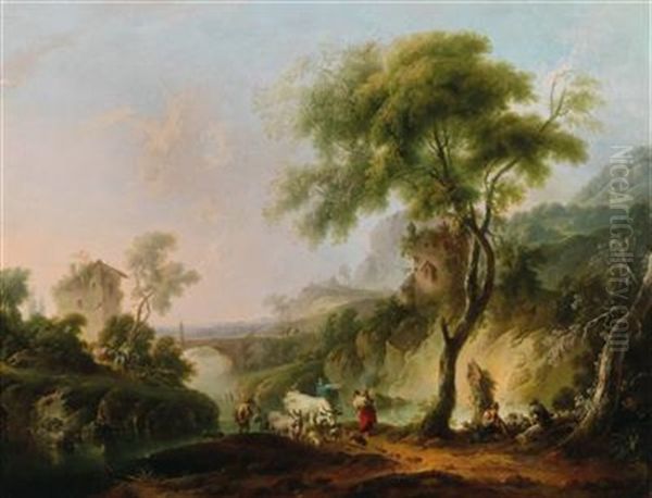 A Mediterranean Landscape With Shepherds And Their Flock Oil Painting by Michael Wutky