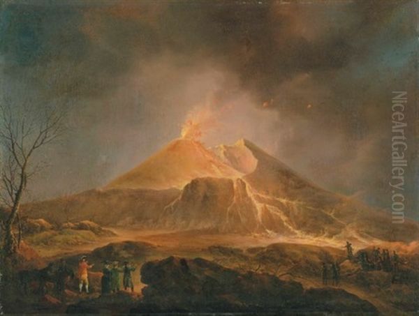 A View Of Vesuvius Erupting With Sir William Hamilton Observing From Afar With His Crew, The Painter On The Right Oil Painting by Michael Wutky