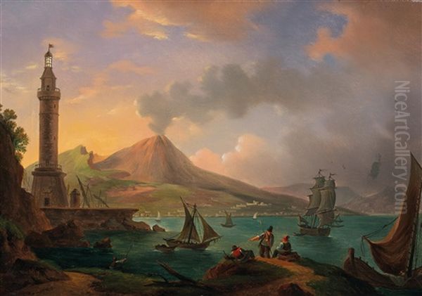 View Of The Gulf Of Naples With Mount Vesuvius Oil Painting by Michael Wutky