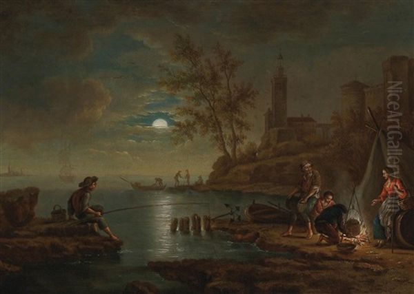 A Nocturnal Coastal Landscape With A Fisherman And His Family Oil Painting by Michael Wutky