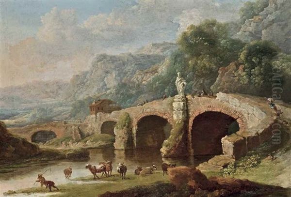 A Wooded River Landscape With Fishermen And Drovers With Their Cattle, A Bridge And Mountains Beyond Oil Painting by Michael Wutky