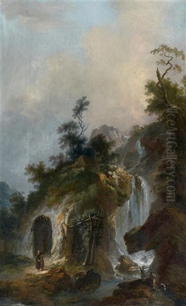 Promeneurs Et Ermite Devant Une Cascade Oil Painting by Michael Wutky