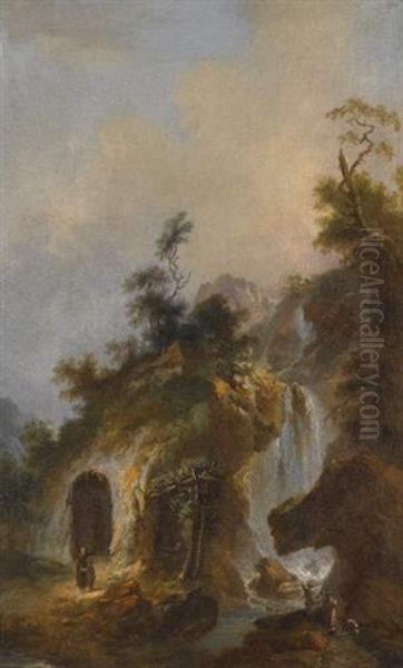 A Landscape With A Hermit's Shrine At The Bottom Of A Waterfall, Possibly The Falls At Tivoli Oil Painting by Michael Wutky