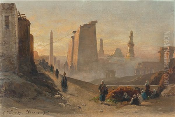 Sonnenaufgang Bei Den Tempeln Von Luxor Oil Painting by Carl Wuttke