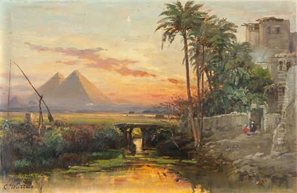 Die Pyramiden Von Gizeh Im Abendrot Oil Painting by Carl Wuttke