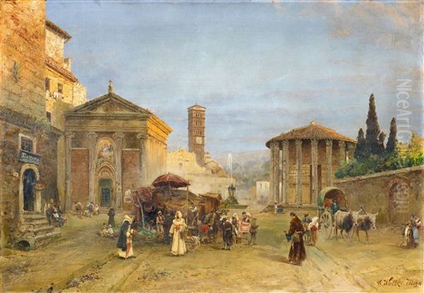 Roman Veduta With The Piazza Della Bocca Della Verita Oil Painting by Carl Wuttke