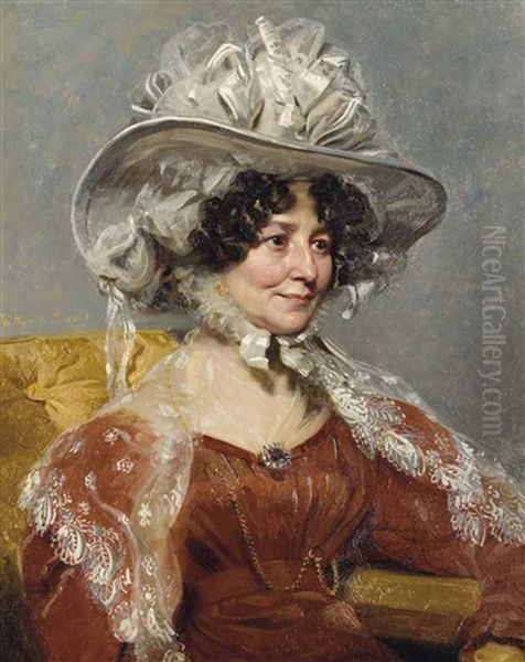 Portrait Of A Lady, Half-length, In A Red Dress With A Lace Shawl And White Bonnet Oil Painting by Henry Wyatt