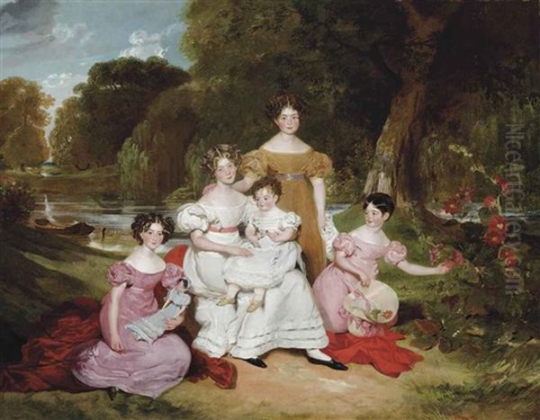 Group Portrait Of The Ward Hunt Family In A Landscape Before A River Oil Painting by Henry Wyatt