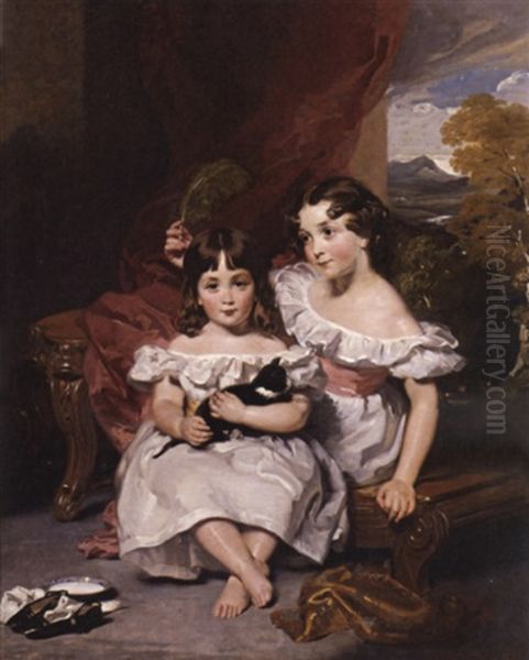 Portrait Of The Fraser Sisters, One In A White Dress With A Yellow Sash And Holding A Kitten, The Other In A White Dress With A Pink Sash, Holding A Green Feather, A Landscape Beyond Oil Painting by Henry Wyatt