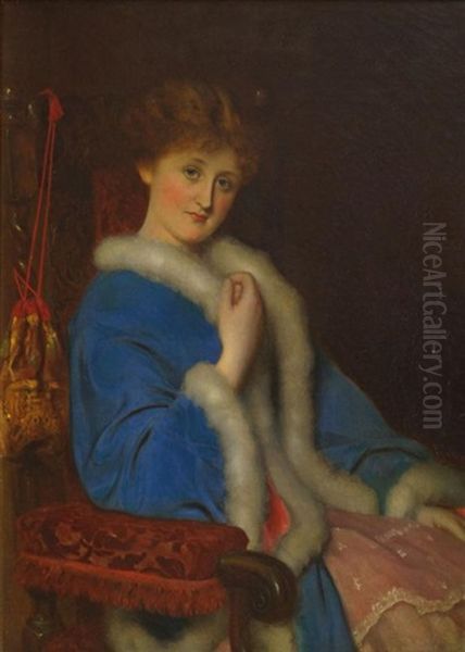 Portrait Of A Lady Seated Three-quarter Length In A Fur Lined Blue Cape In An Interior Oil Painting by Francis John Wyburd