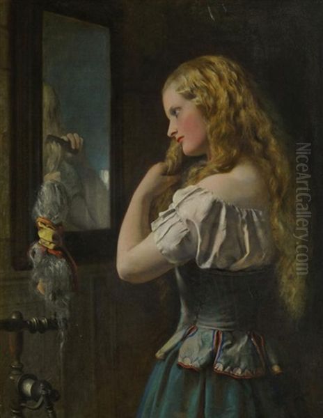 Girl Brushing Her Hair At A Mirror Oil Painting by Francis John Wyburd