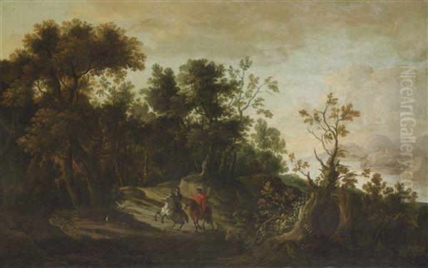 A Hawking Party In A Wooded Landscape, With A River, Mountains And A Ruin Beyond Oil Painting by Jan Wyck