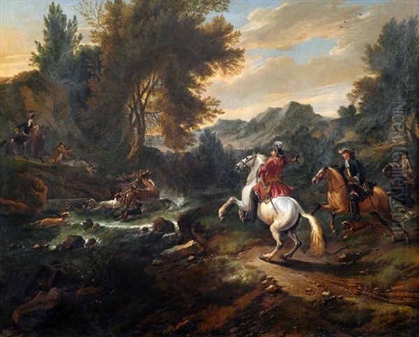 Hirschjagd In Einer Gebirgigen, Baumbestandenen Landschaft Oil Painting by Jan Wyck