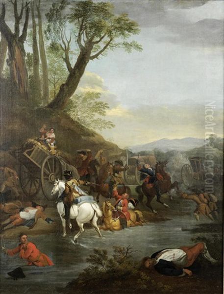 Skirmish At A River Crossing Oil Painting by Jan Wyck