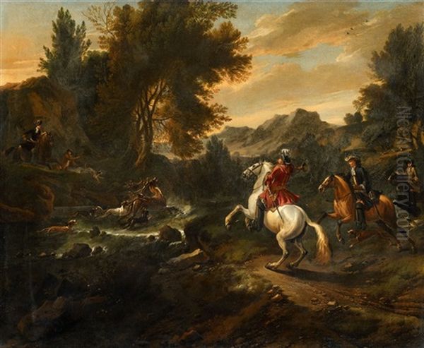 Stag Hunt In A Wooded Landscape Oil Painting by Jan Wyck