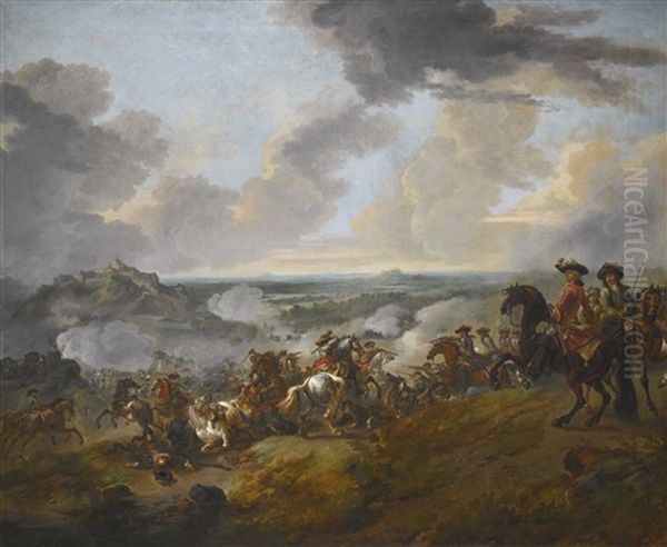 Two Generals Looking Out Over A Battle Taking Place On A Slope By A Hilltop Castle, A Wide Plain In The Distance Oil Painting by Jan Wyck