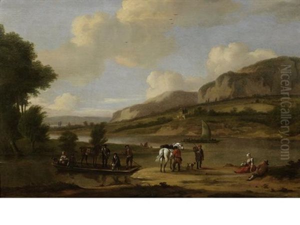 An Extensive River Landscape With Figures Waiting For A Ferry Oil Painting by Jan Wyck