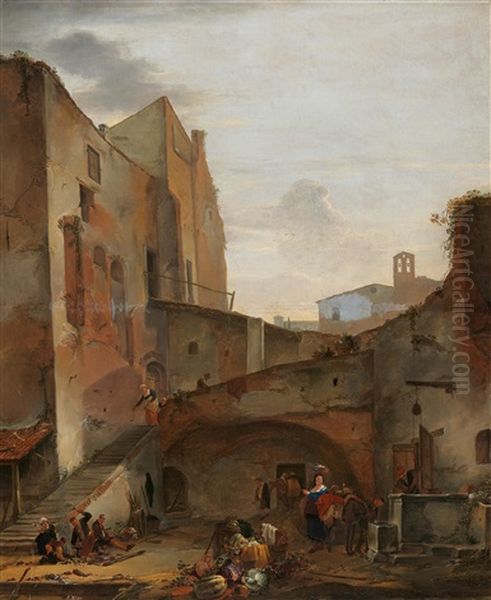 Figures At Work By A Staircase Oil Painting by Thomas Wyck