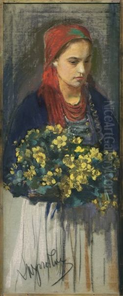 Girl With Flowers Oil Painting by Leon Wyczolkowski