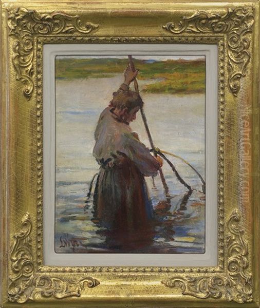 Fisherman With Net Oil Painting by Leon Wyczolkowski