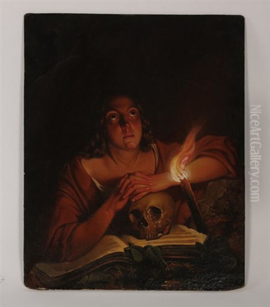 Figure With Hands Clasped Resting On Skull With Torch Oil Painting by Arnoud Wydeveld