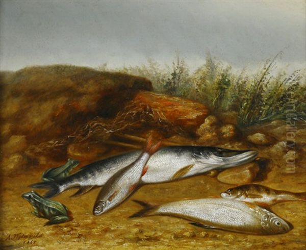 Stilleben Mit Fischen Und Froschen In Strandlandschaft Oil Painting by Arnoud Wydeveld