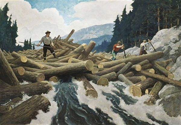 Breaking The Log Jam Oil Painting by N.C. Wyeth