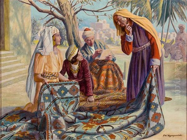 Teppichhandler Vor Der Kulisse Einer Orientalischen Oasenstadt Oil Painting by Felix Michal Wygrzywalski