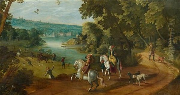 Elegantes Paar Wahrend Der Jagd In Einer Flusslandschaft Vor Einem Flamischen Dorf Oil Painting by Jacques Van Der Wyhen