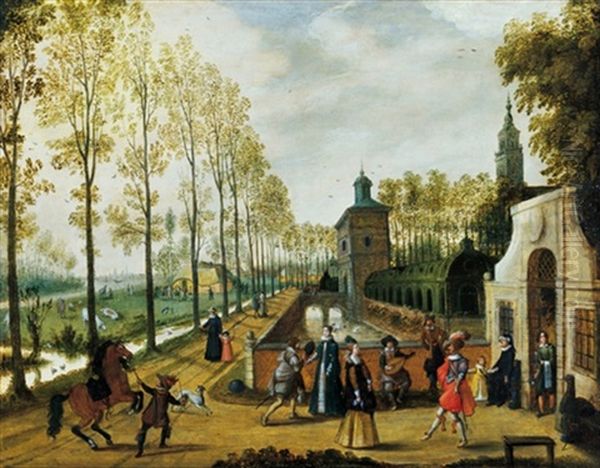 Blick In Eine Weite Landschaft Mit Einer Allee Entlang Eines Wassergrabens Und Eines Renaissanceschlosses Mit Eleganten Figuren Oil Painting by Jacques Van Der Wyhen