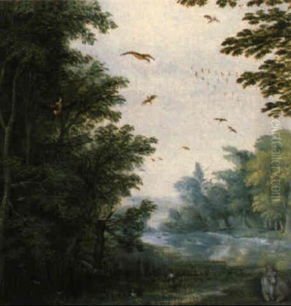 Bewaldete Fluslandschaft Mit Tieren Oil Painting by Jacques Van Der Wyhen