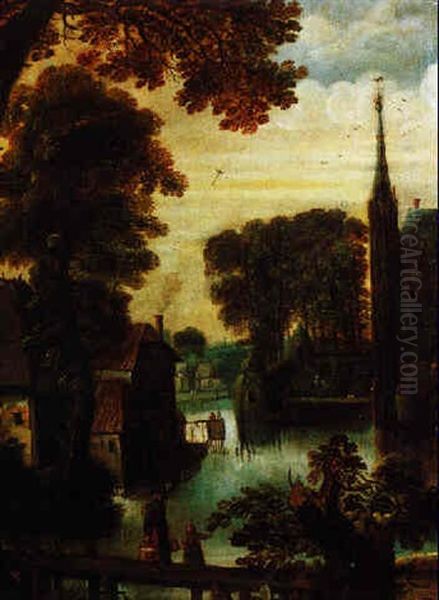 Blick Uber Einen Steg Auf Bauernhauser Und Ein Wasserschloss Mit Renaissancegarten Oil Painting by Jacques Van Der Wyhen