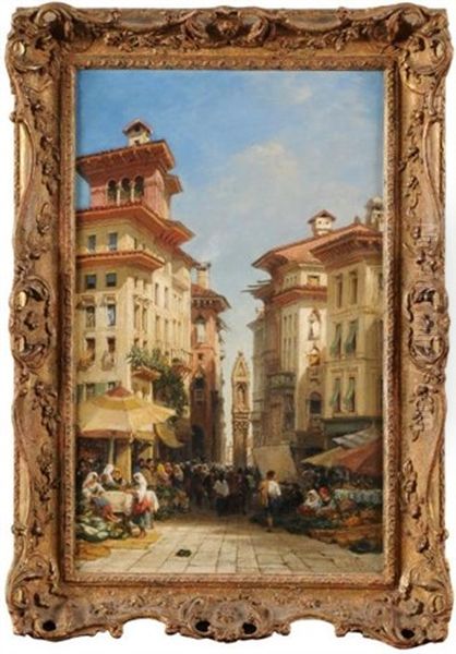 Italian Market Town Oil Painting by William Wyld