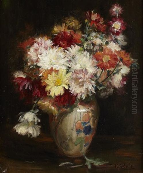 Chrysanthemums In A Painted Vase Oil Painting by Kate Wylie