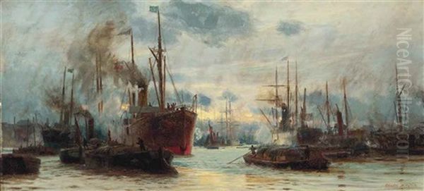 Congested Waters On The Thames Oil Painting by Charles William Wyllie