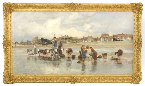 Washing By The Shore, With Dry-docked Boats In The Background Oil Painting by Charles William Wyllie