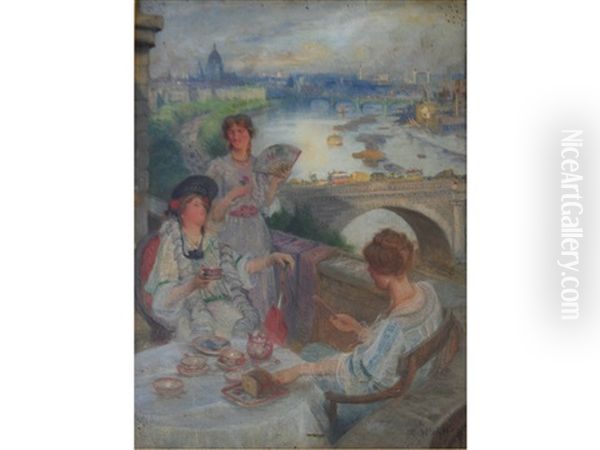 Tea On The Balcony, Overlooking The Thames Oil Painting by Charles William Wyllie