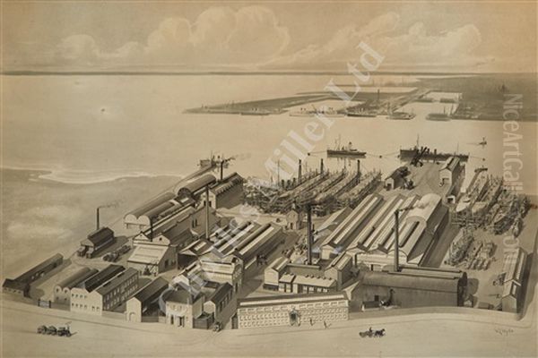 Perspective Of Thornycroft's Shipyard On The River Itchen Oil Painting by William Lionel Wyllie