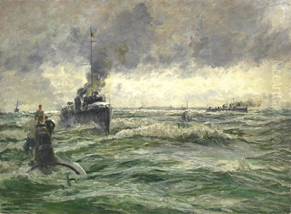 Submarines And Torpedo-boat Destroyers Entering Portsmouth Oil Painting by William Lionel Wyllie