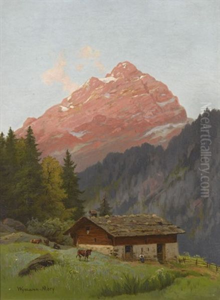 Sommerliche Alp Mit Berggipfel Im Abendrot Oil Painting by Karl Christian Wymann Mory