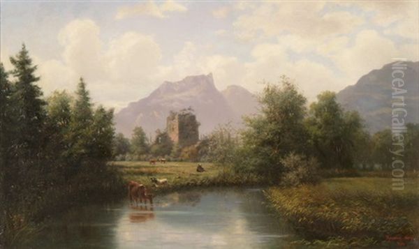 Kuhe Am Teich Vor Ruine Und Gebirgslandschaft Oil Painting by Karl Christian Wymann Mory